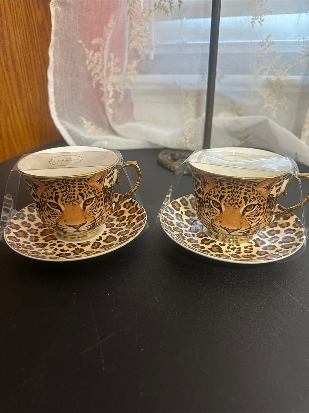 Grace Teaware cheetah set of 2 porcelain tea cup and dish